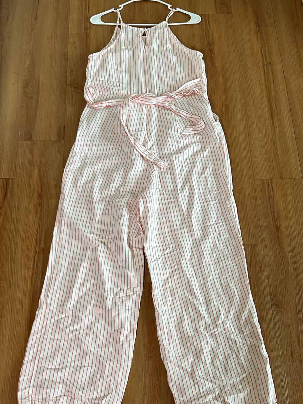 LOFT Reddish Orange Striped Halter Linen Blend Jumpsuit - Picture 9 of 10